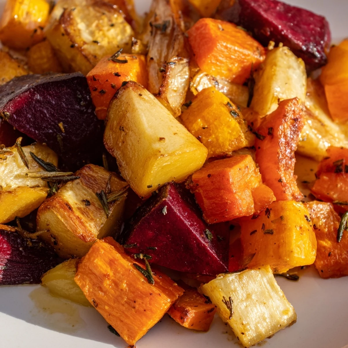Close-up of Roasted Root Vegetable Medley with Rosemary showing crispy caramelized pieces and fresh green rosemary sprigs on a dark plate.