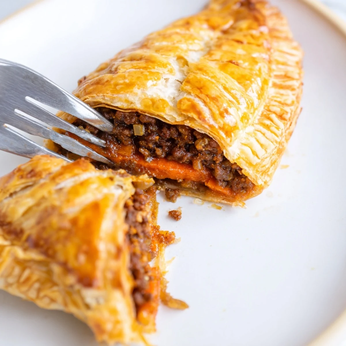 Golden, flaky Savory Meat Pastry baked to a crisp, resting on a tray with visible steam.