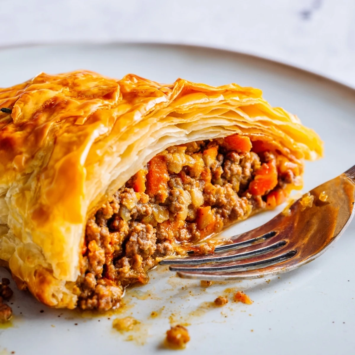 Individual Savory Meat Pastry with crimped edges, served on a plate alongside a creamy dip.