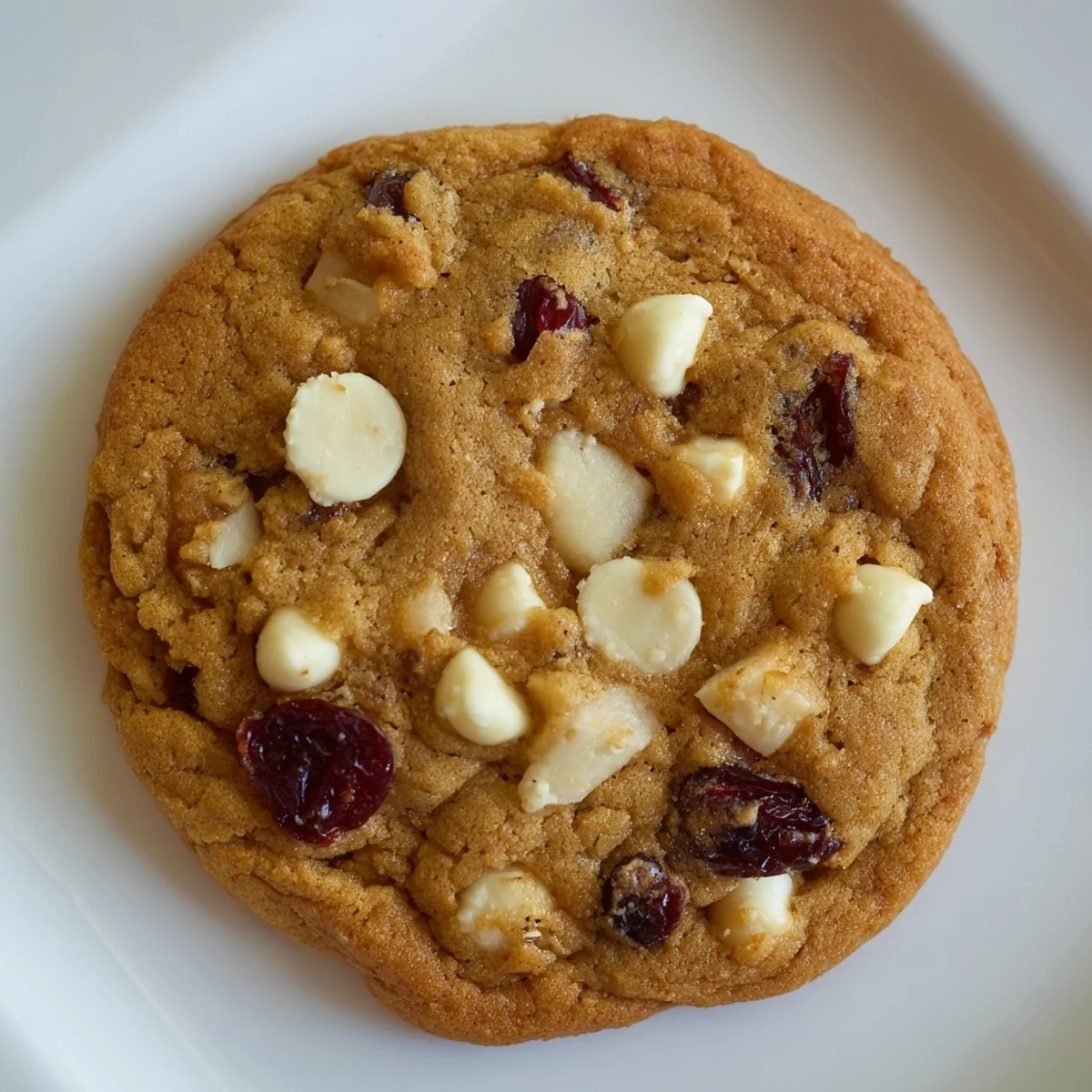 A stack of warm Cranberry Cookie with White Chocolate beside a steaming mug and scattered white chocolate chips.