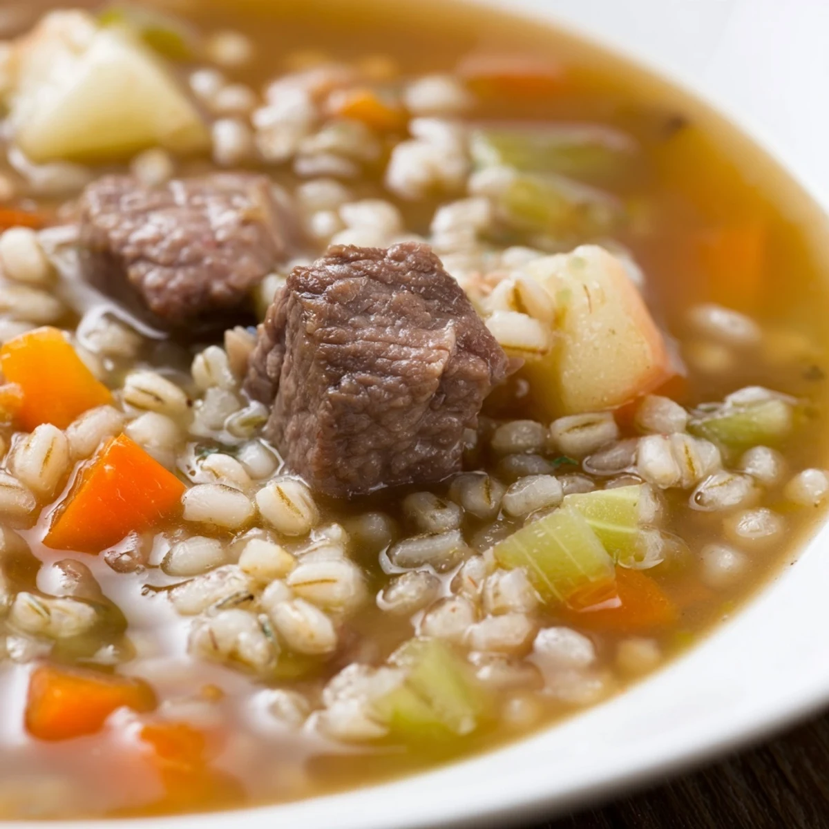A rustic spoon dips into Beef Soup with Barley, served in a cozy ceramic bowl on a wooden table.