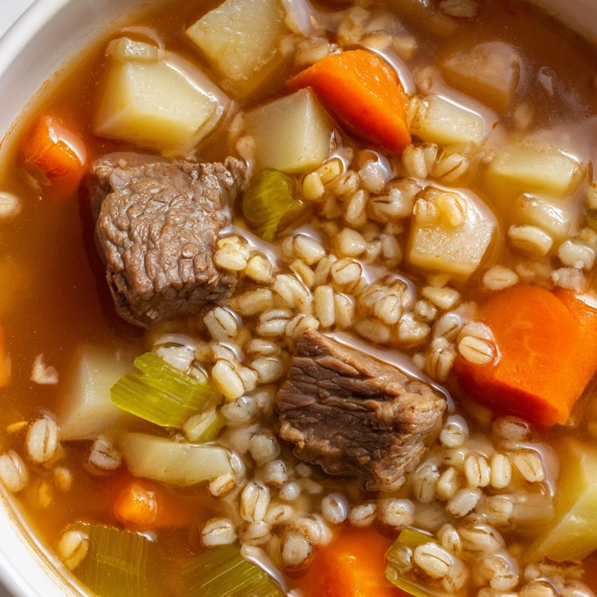 Close-up of Beef Soup with Barley showcasing plump barley grains and hearty chunks of beef and vegetables.