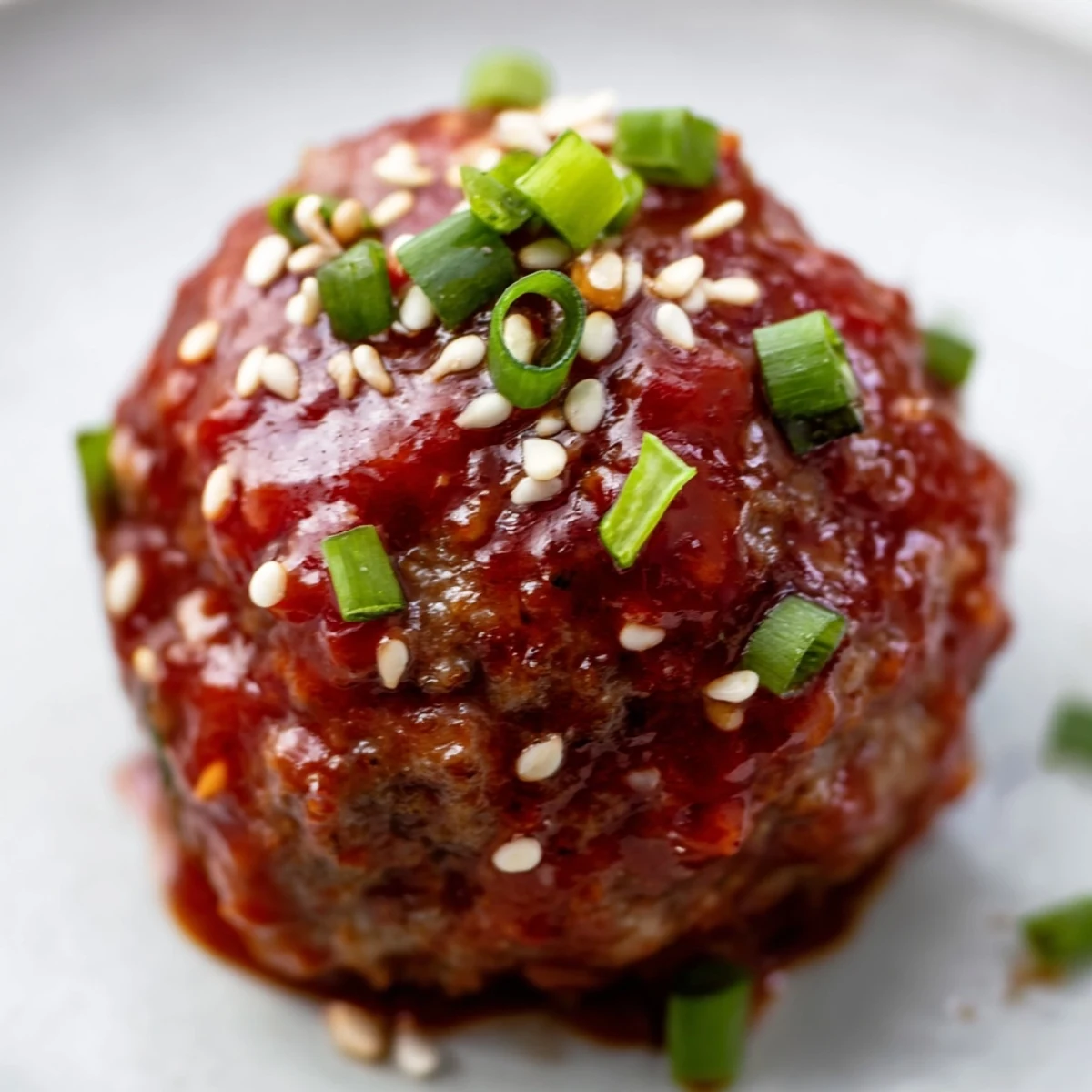 Golden-brown Spicy Sriracha Beef Meatballs glazed in a sweet and tangy sauce, garnished with sesame seeds and green onions.