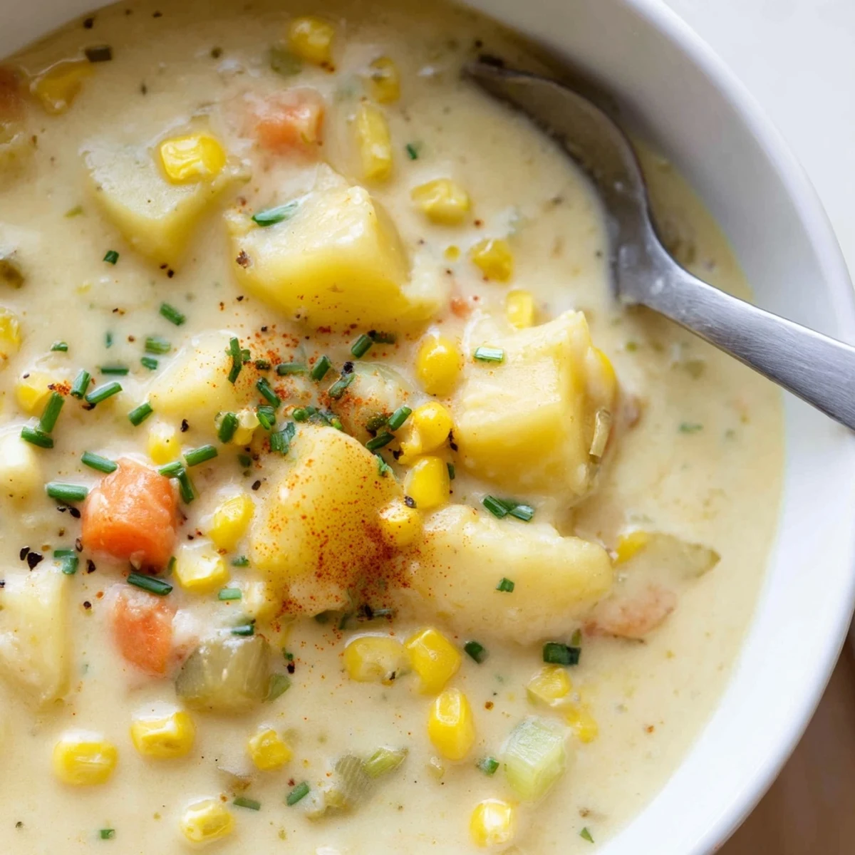 A warm bowl of Creamy Corn Chowder with Smoked Paprika, topped with fresh chives and a crusty bread slice.