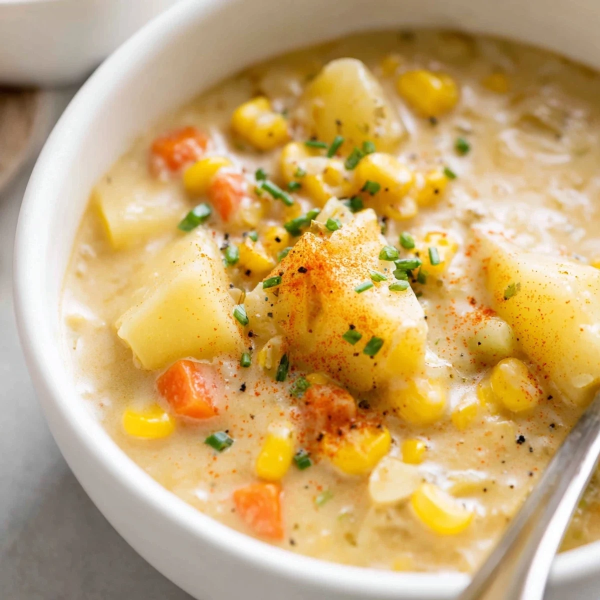 Creamy Corn Chowder with Smoked Paprika served in a rustic bowl, garnished with paprika and chopped chives alongside a spoon.