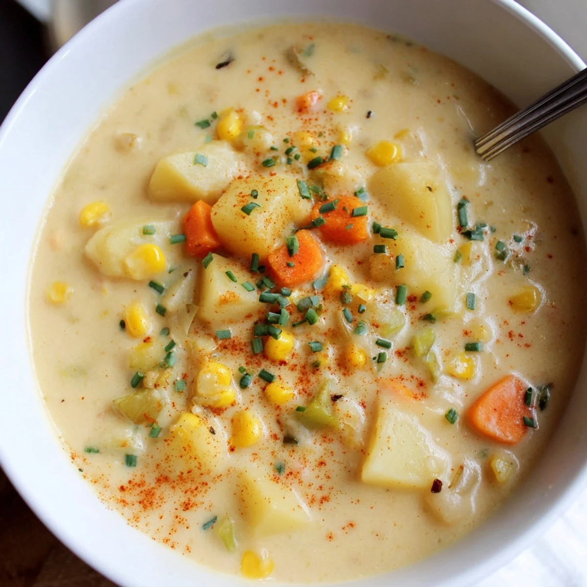 Velvety Creamy Corn Chowder with Smoked Paprika in a white bowl, steam rising and a linen napkin nearby for cozy meals.