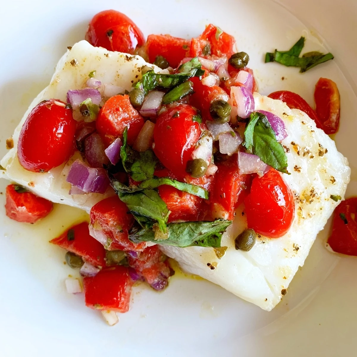 Golden-brown oven-baked halibut fillets topped with a bright tomato basil relish and fresh lemon slices.