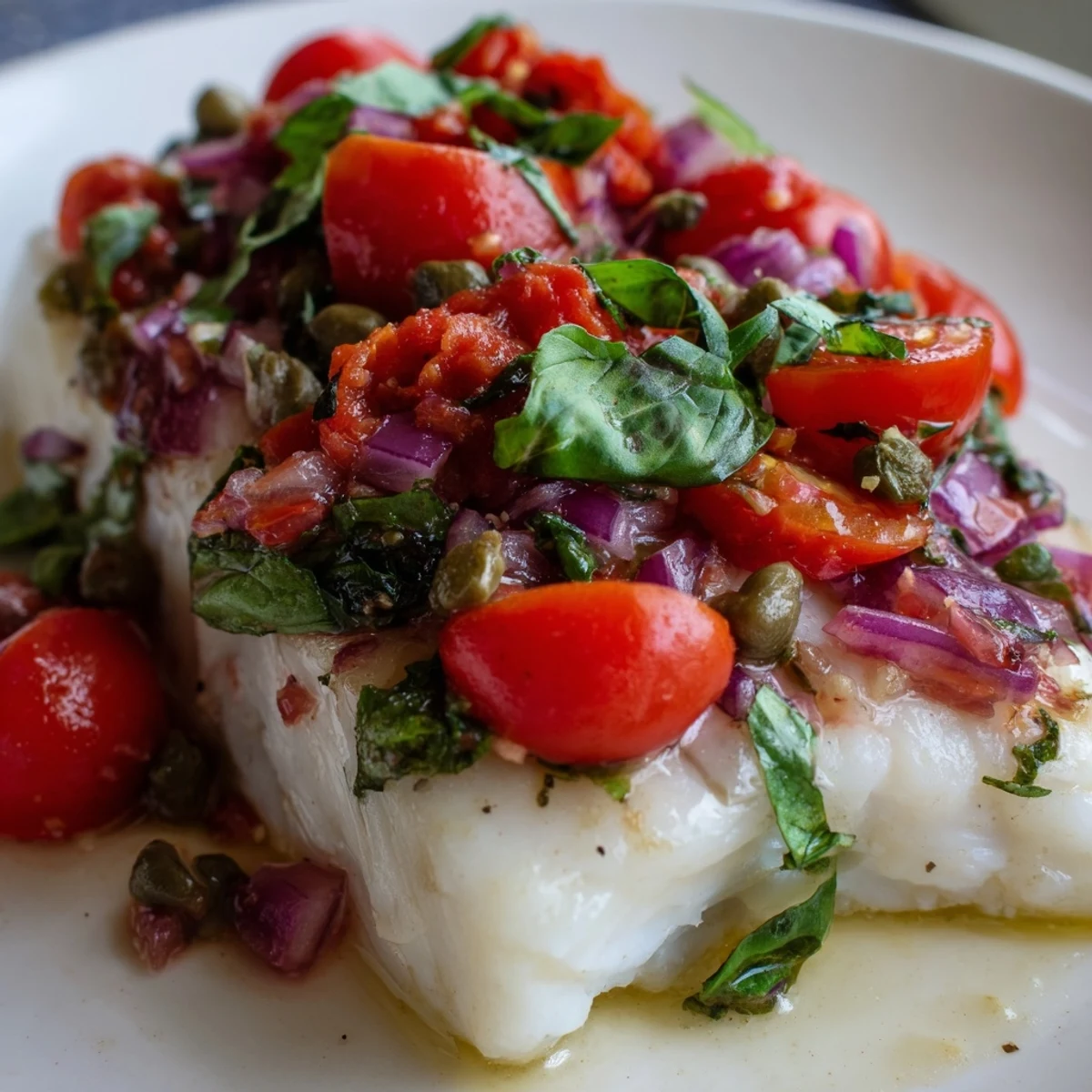 Oven-roasted halibut fresh from the pan, finished with vibrant cherry tomato relish and chopped basil.
