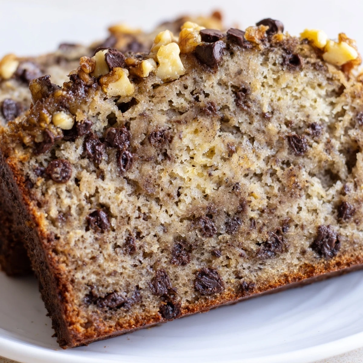 A close-up of Chocolate Chip Banana Bread with Walnuts highlights melted chocolate chunks and crunchy walnuts inside a moist loaf.