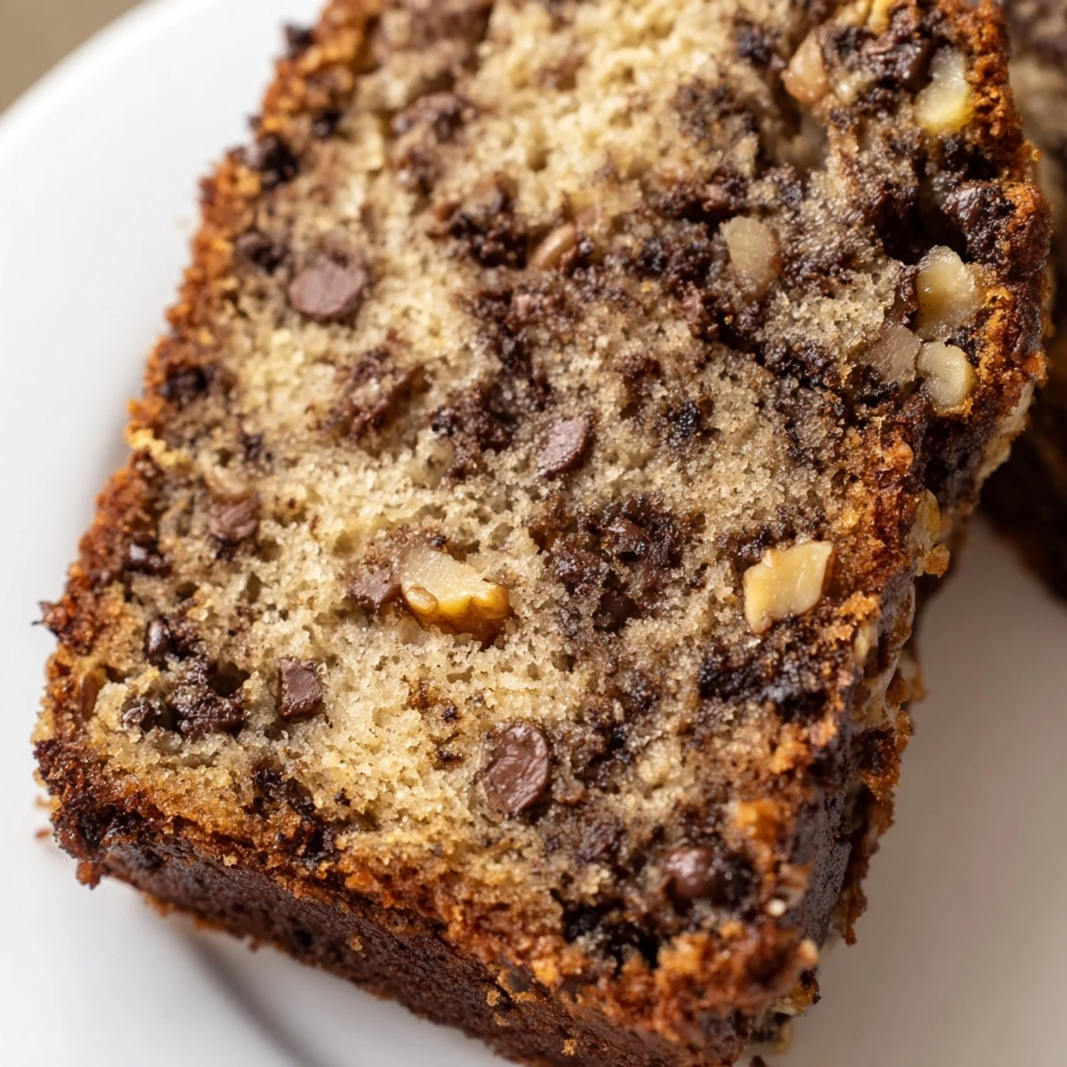 Freshly baked Chocolate Chip Banana Bread with Walnuts shows a golden, crackly top and moist crumb studded with chocolate chips.