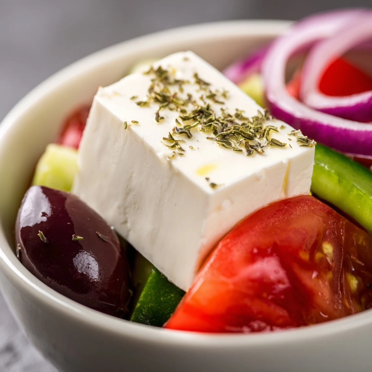Freshly tossed Greek Salad with Kalamata Olives and Feta, featuring juicy tomato wedges, crisp cucumber, and tangy cheese.