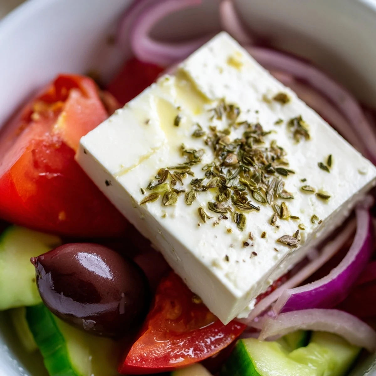 Bright bowl of Greek Salad with Kalamata Olives and Feta, topped with briny olives and a drizzle of olive oil.
