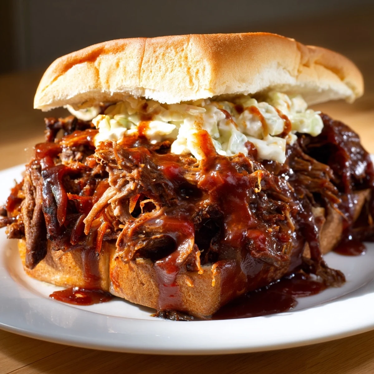 Fork-tender Slow Cooker Pulled Beef Sandwiches piled high on a toasted bun, ready to drizzle with extra barbecue sauce.
