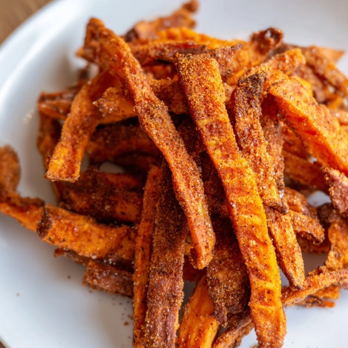 Golden Crispy Air Fryer Sweet Potato Fries arranged on parchment with a sprinkle of smoked paprika.