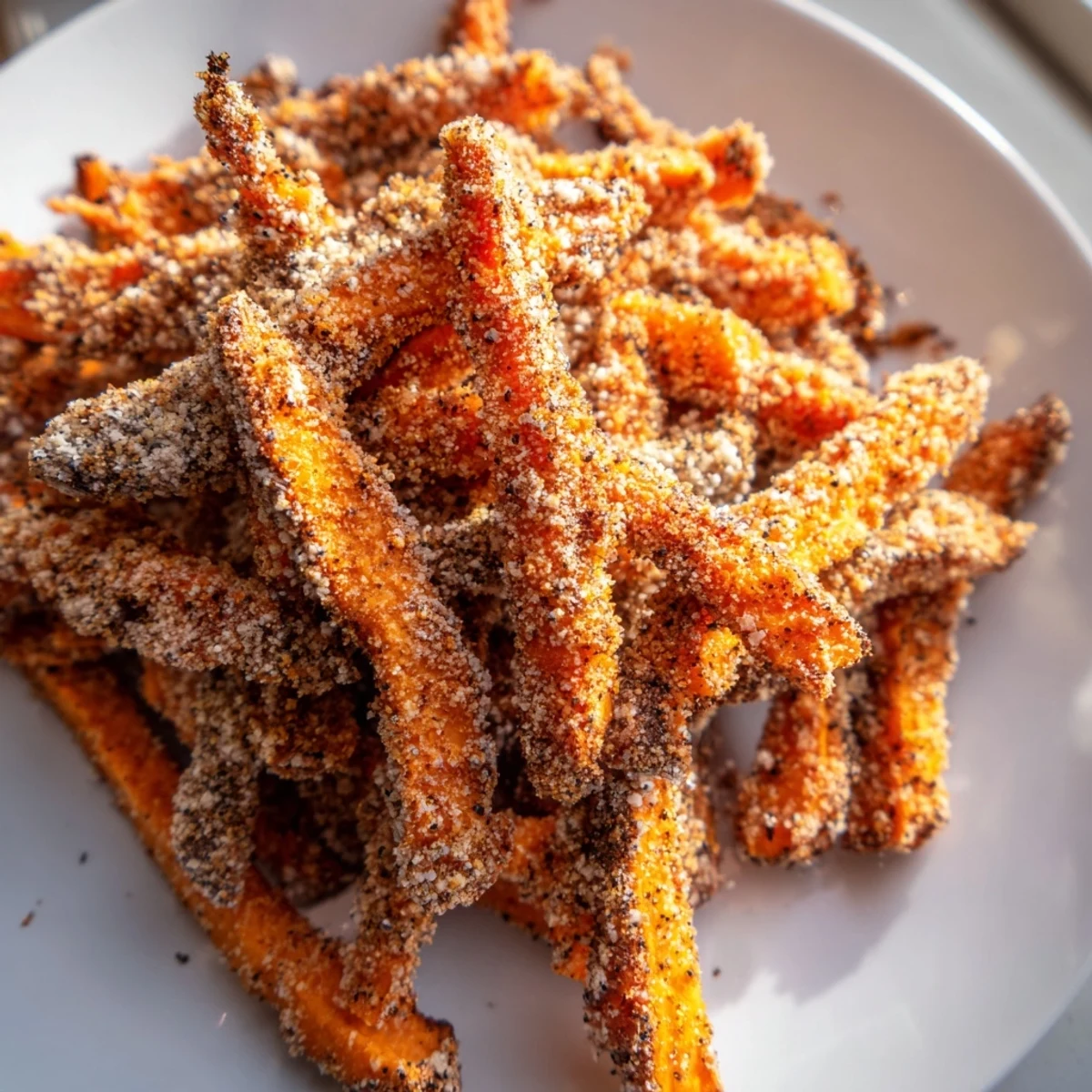 A pile of seasoned Crispy Air Fryer Sweet Potato Fries fresh from the air fryer basket.