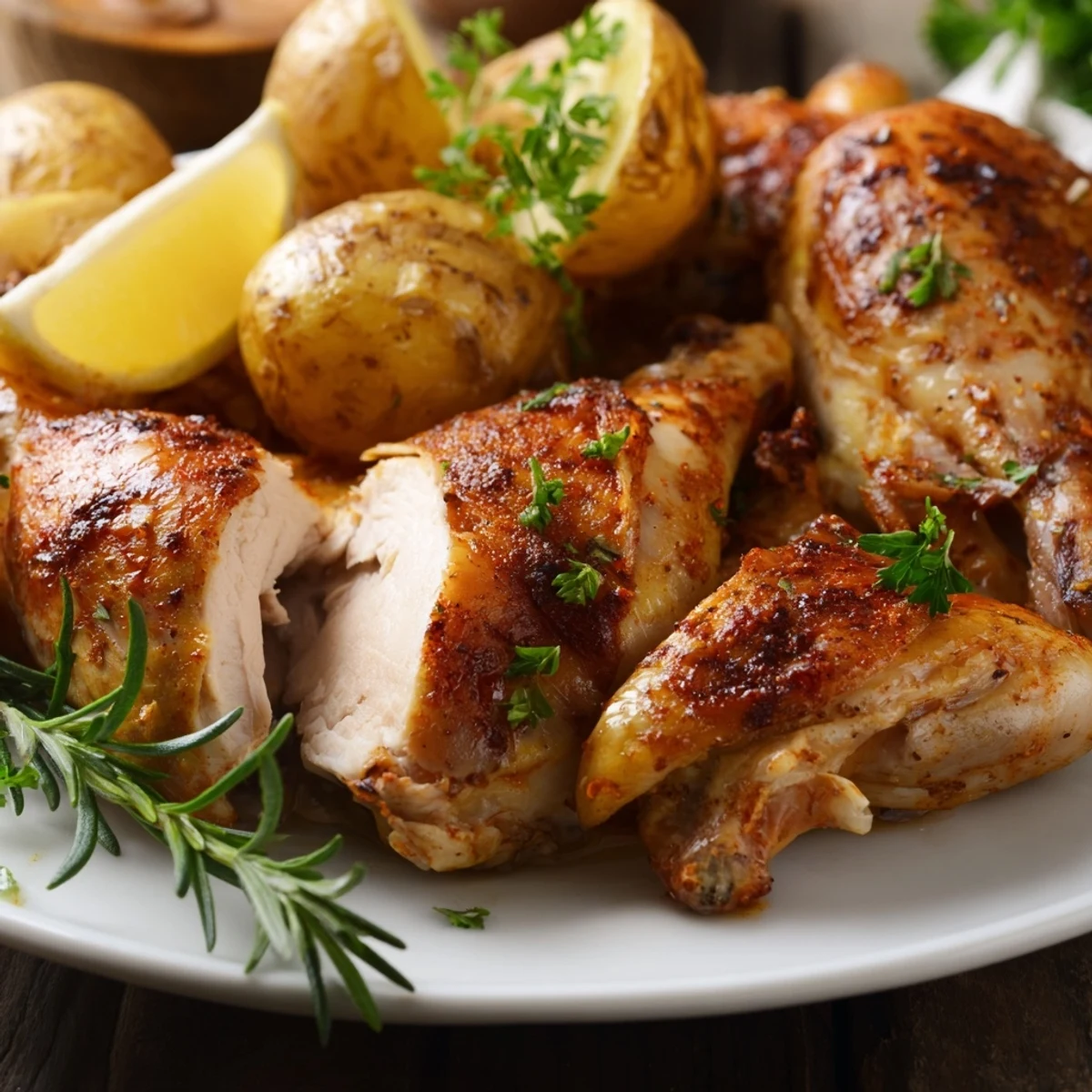 Golden-brown Lemon Garlic Roasted Chicken with Potatoes rests on a rustic platter, garnished with fresh parsley and lemon wedges.