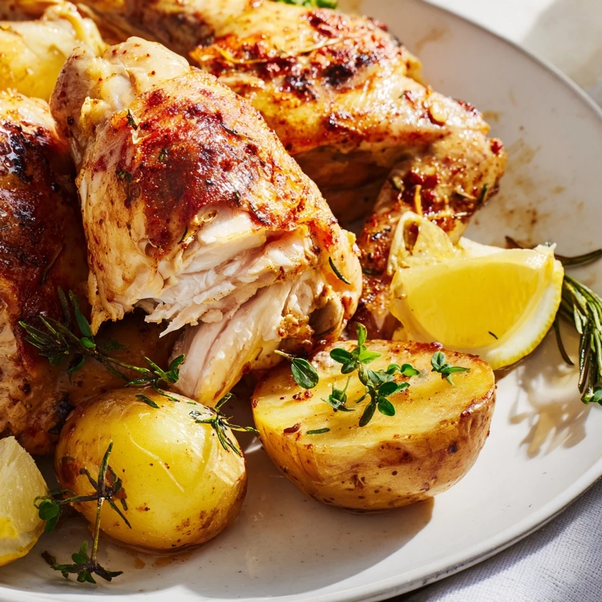 A close-up shows perfectly roasted Lemon Garlic Roasted Chicken with Potatoes, highlighting crispy skin and tender, herb-seasoned vegetables.