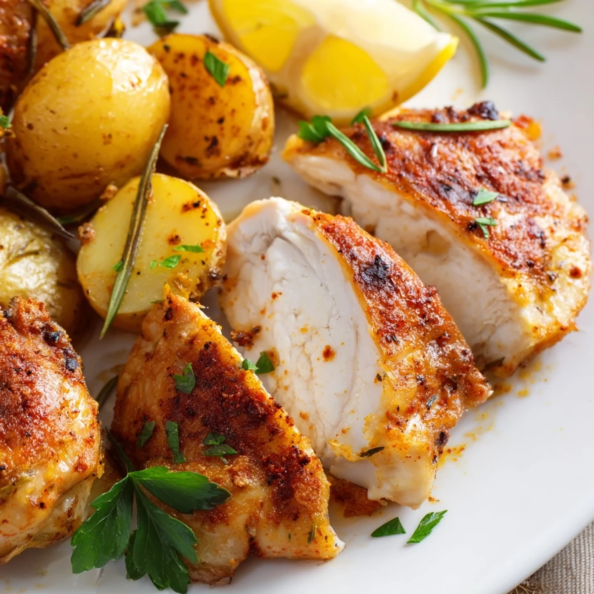 Juicy Lemon Garlic Roasted Chicken emerges from the oven, surrounded by crispy potatoes, fresh thyme, and lemon halves.
