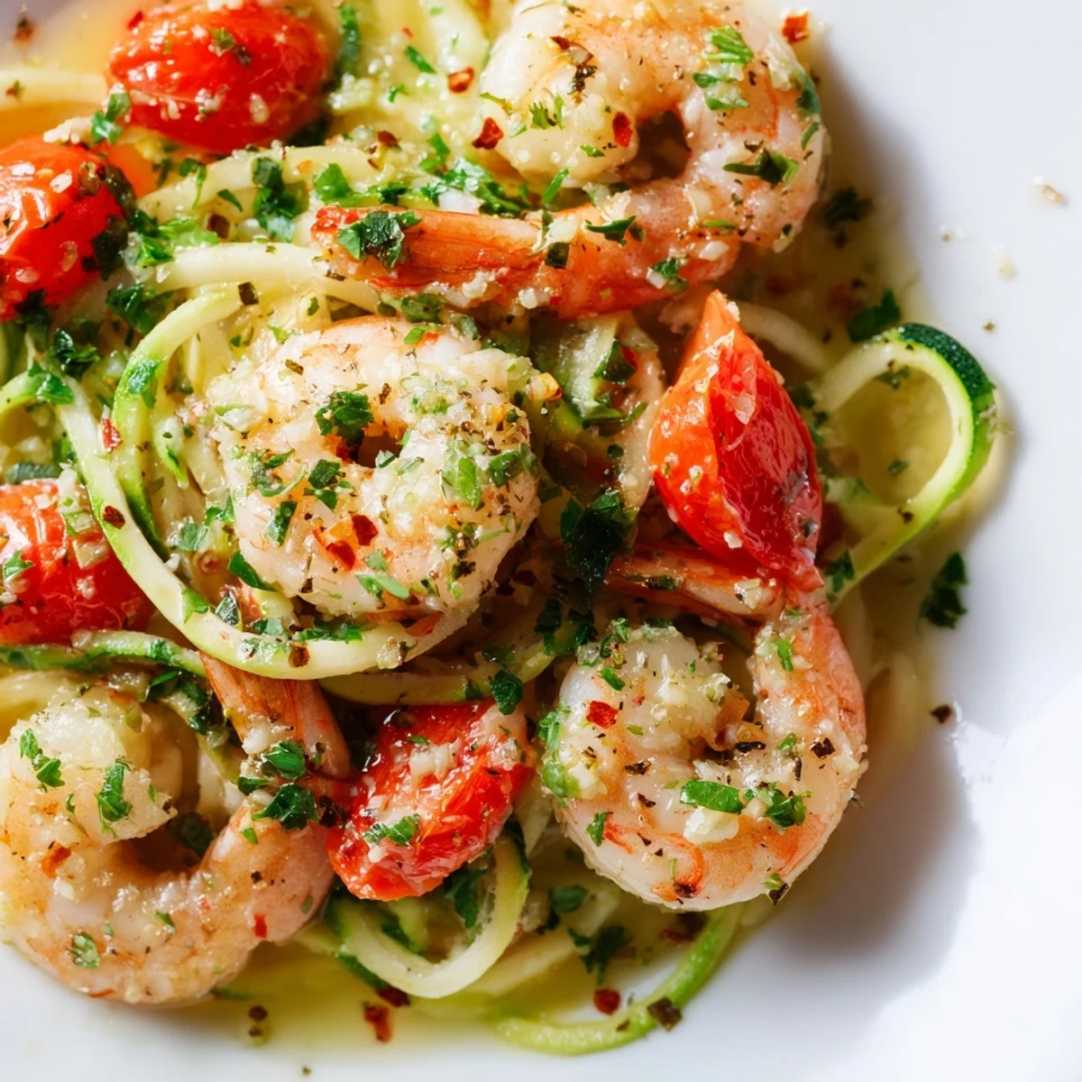 Garlic and lemon shimmer in the pan with sautéed shrimp, ready for zucchini noodles and a bright parsley garnish.