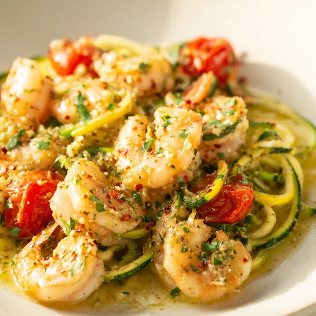Tender shrimp and silky zucchini noodles tossed in a white wine, garlic, and lemon sauce in a warm skillet.