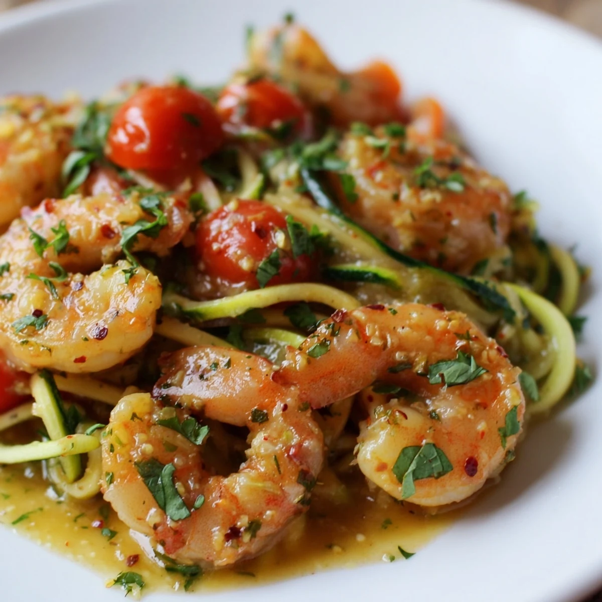 A low-carb skillet of Shrimp Scampi with Zucchini Noodles topped with lemon wedges and a sprinkle of red pepper flakes.