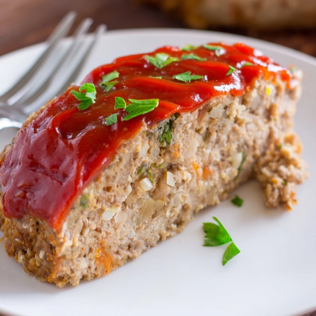 Freshly baked turkey meatloaf with tomato glaze, sliced on a cutting board beside steamed green beans.