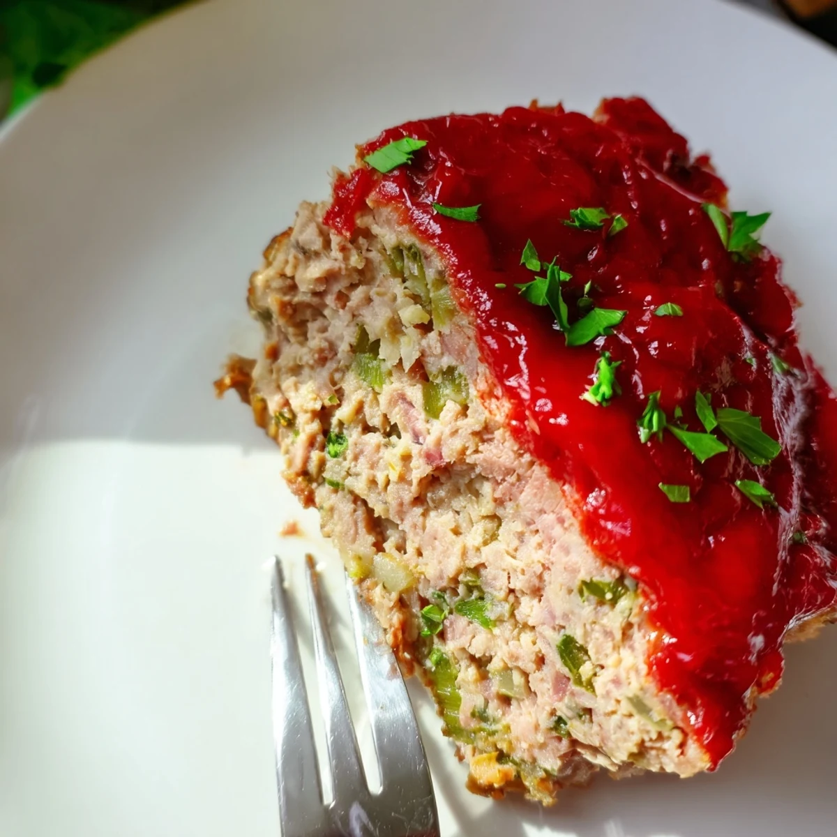 Juicy turkey meatloaf with tomato glaze paired with mashed potatoes on a rustic dinner plate.