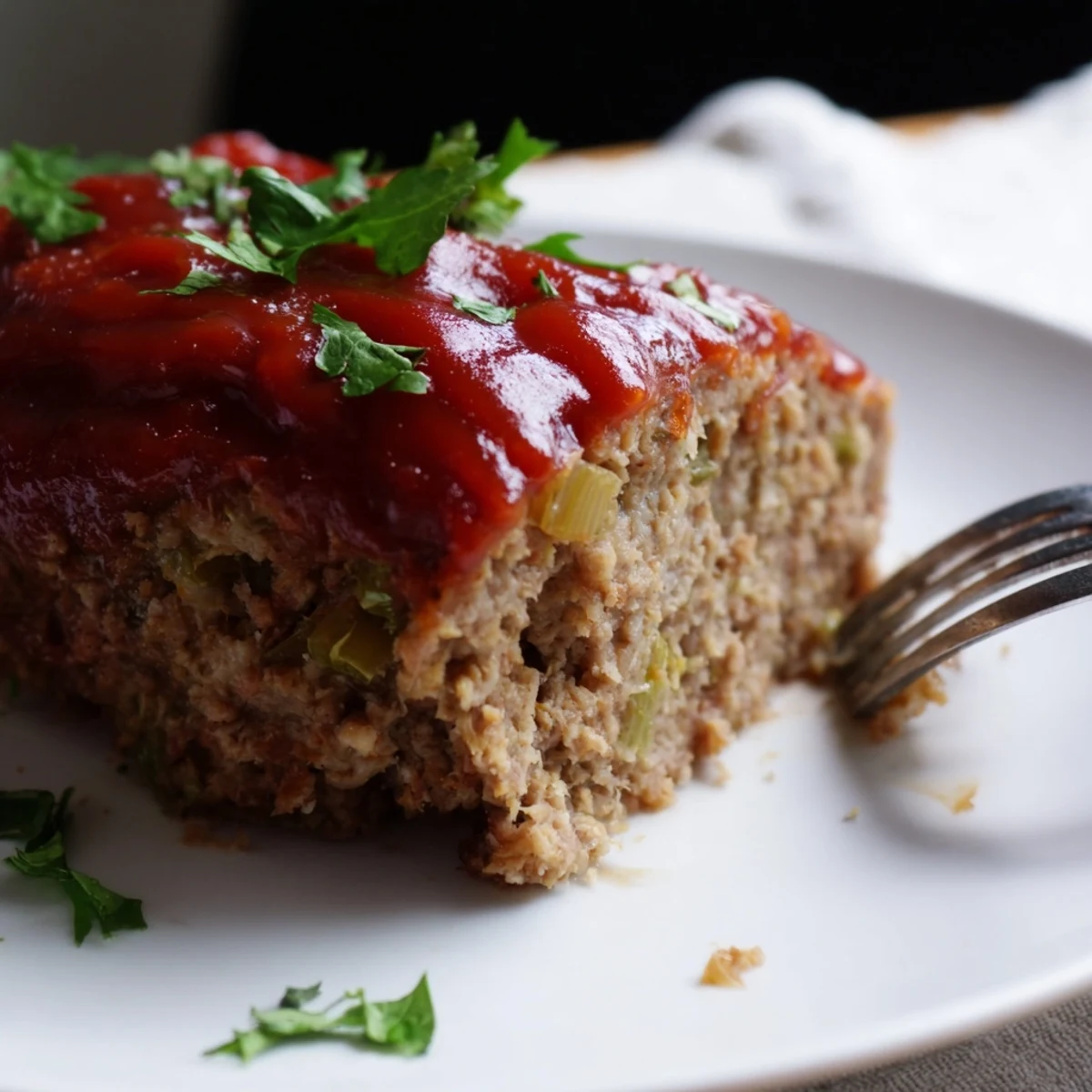 Golden brown turkey meatloaf with tomato glaze resting in a loaf pan, ready to serve.