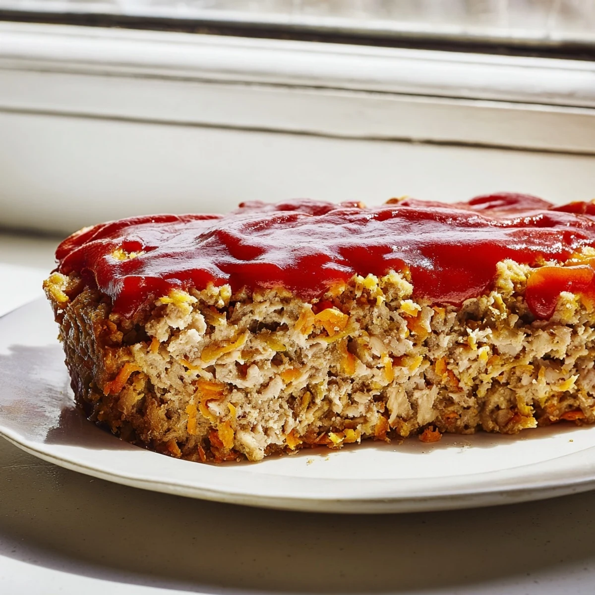 A thick, juicy slice of turkey loaf topped with glossy ketchup-mustard glaze on a white plate.