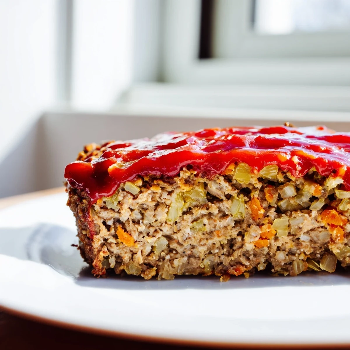 Moist turkey loaf slice with sautéed onions and herbs, served alongside roasted carrots and potatoes.