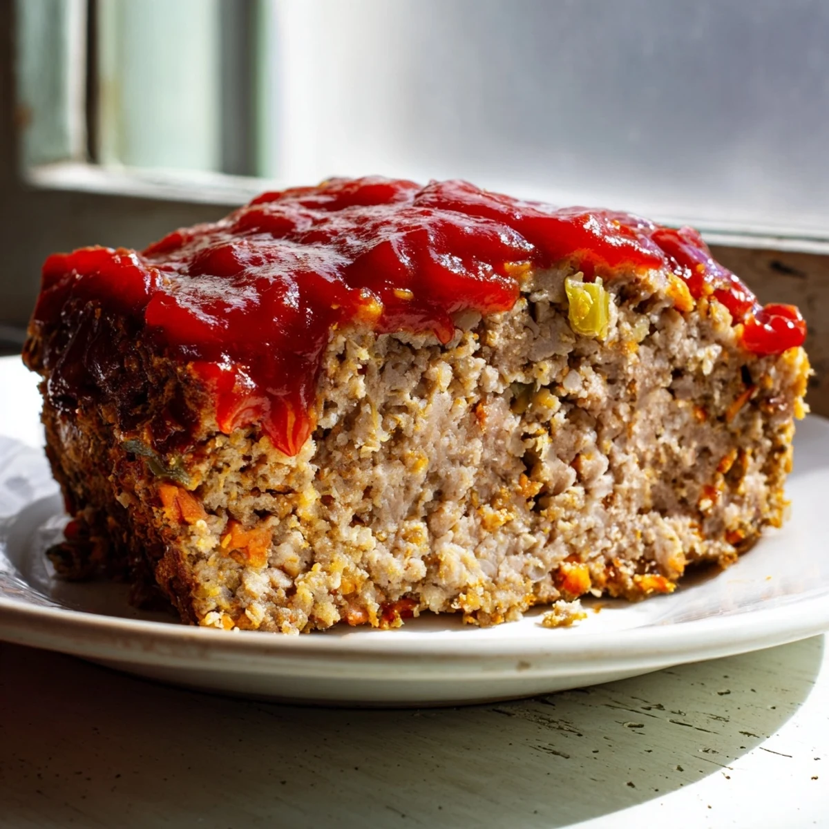 Freshly baked turkey loaf cut into a thick slice, resting on a rustic wooden cutting board.