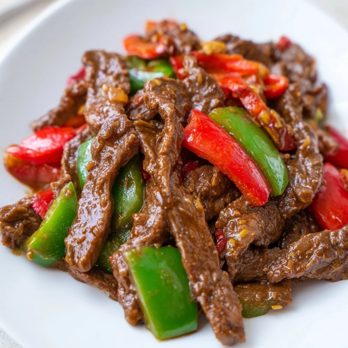 Sizzling Spicy Stir Fry Beef in a hot wok, featuring colorful onions and peppers tossed in a glossy, chili-flecked sauce for a quick weeknight meal.