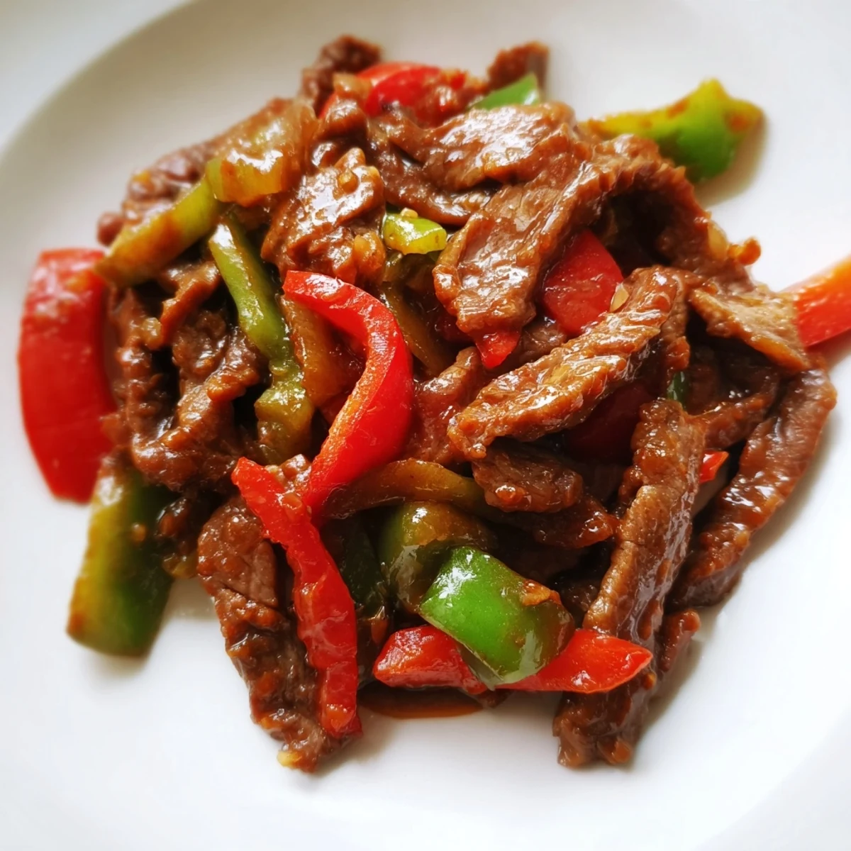 Overhead view of plated Spicy Stir Fry Beef paired with fluffy rice and fresh scallions, highlighting the juicy, seared meat and vibrant vegetable textures.