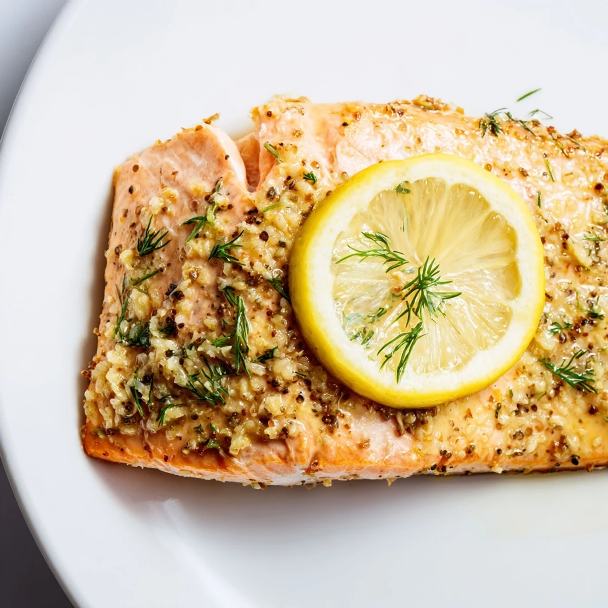 Golden-brown Baked Salmon Fillet with lemon slices, fresh dill, and herbs glistening on a baking tray.