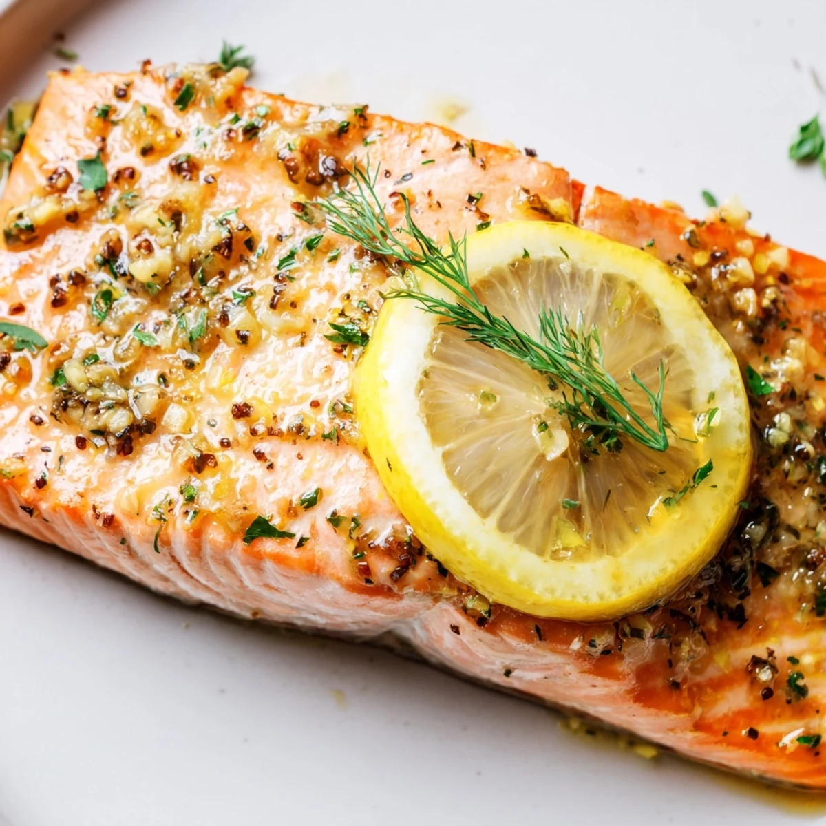 Flaky Baked Salmon Fillet seasoned with garlic and herbs, served alongside steamed green beans.