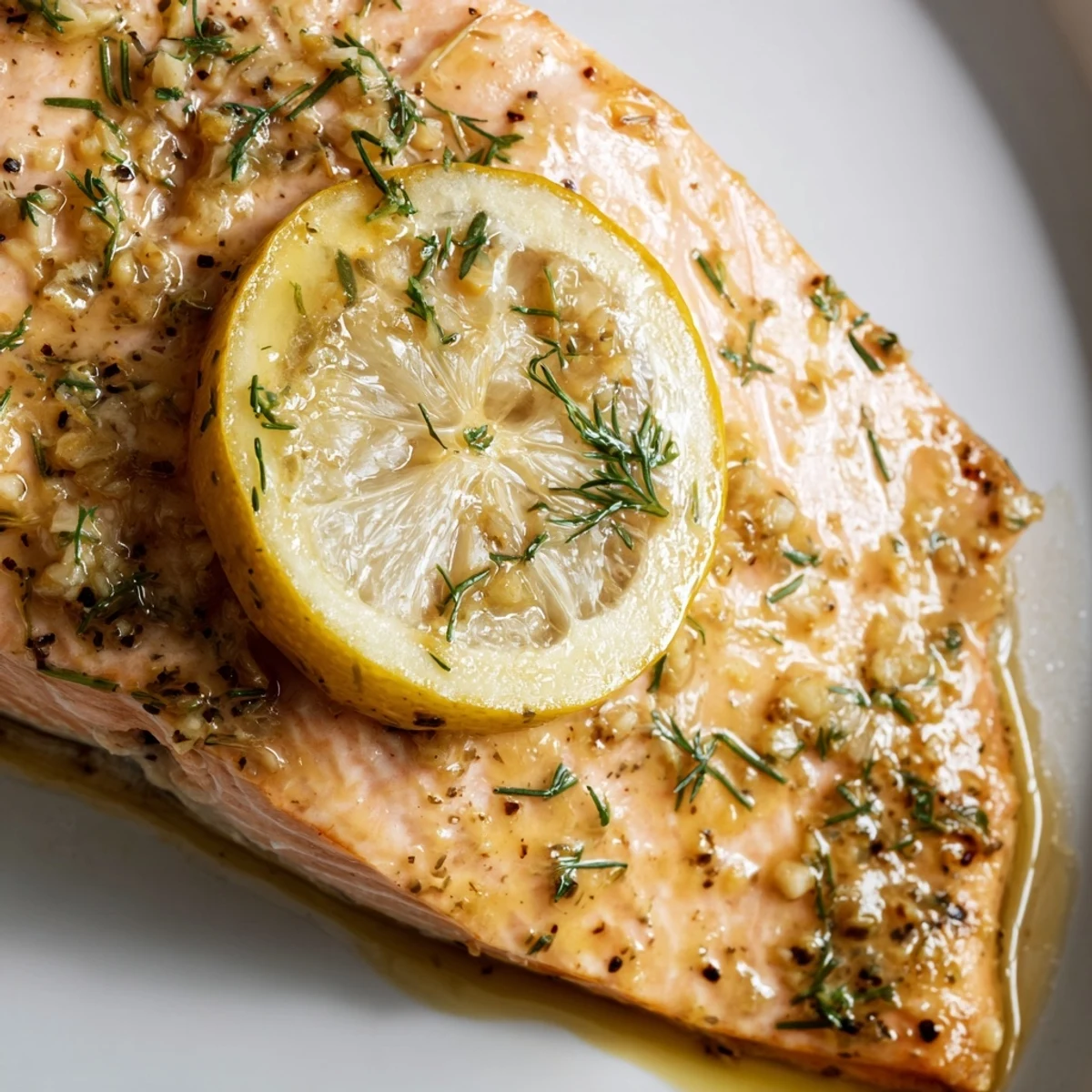 Moist, oven-roasted Baked Salmon Fillet garnished with fresh dill and a wedge of lemon.