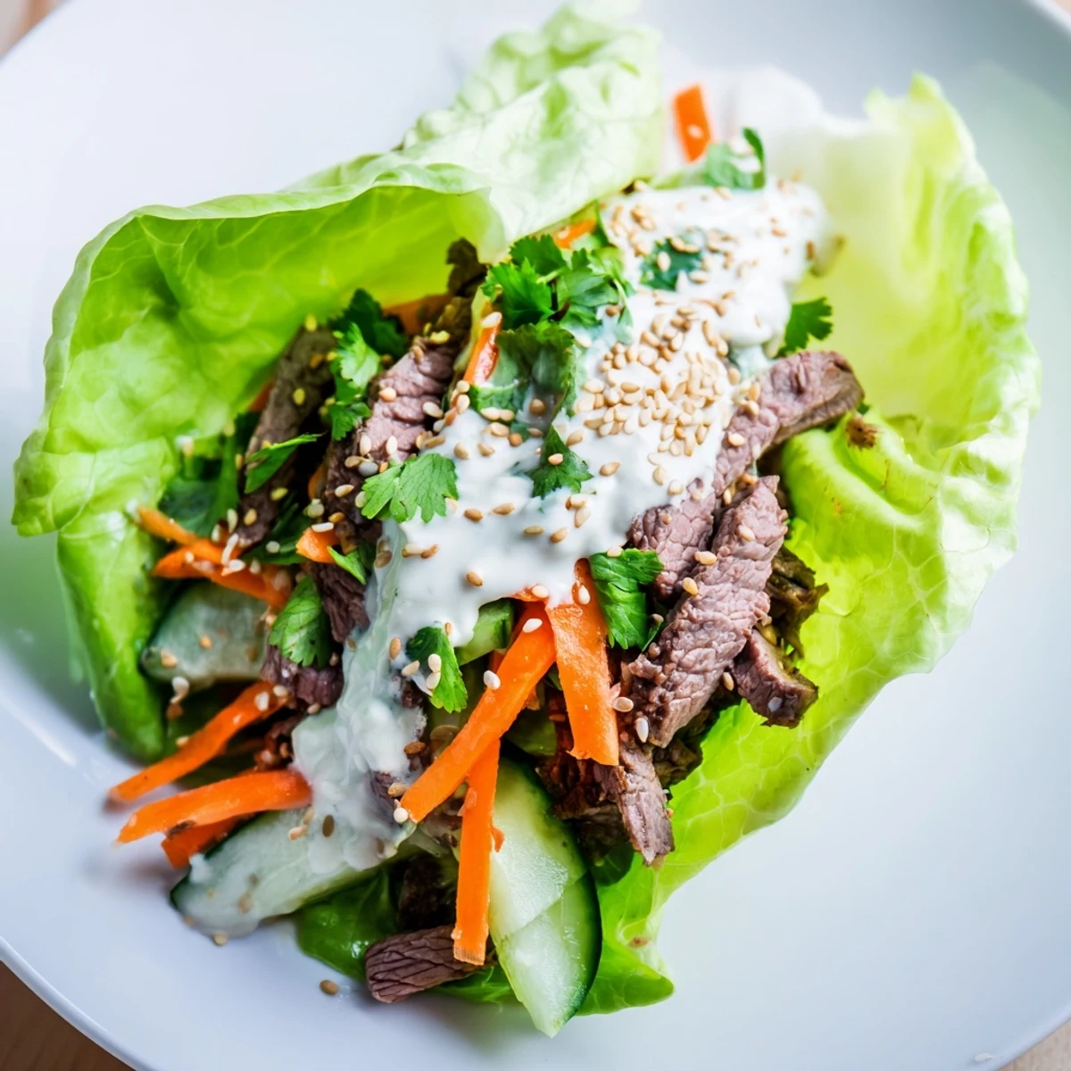 Freshly cooked beef slices rest on crisp romaine lettuce for a Beef Wrap with Lettuce, topped with creamy sauce and chopped cilantro.