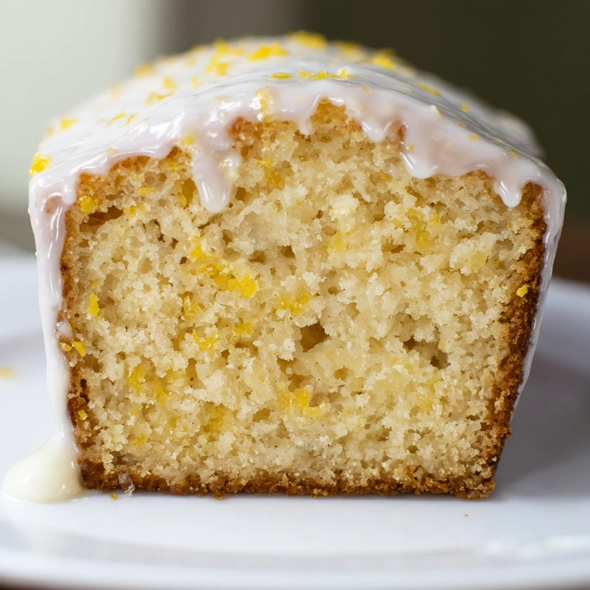 Golden-brown Lemon Bread Loaf with glistening lemon glaze, sliced to reveal a tender, moist crumb.