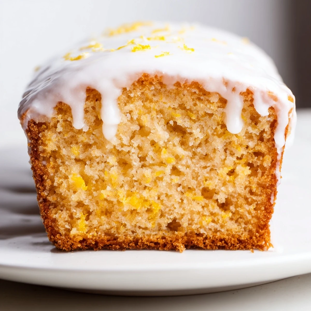 Freshly baked Lemon Bread Loaf drizzled with sweet glaze, served beside a steaming mug of tea.