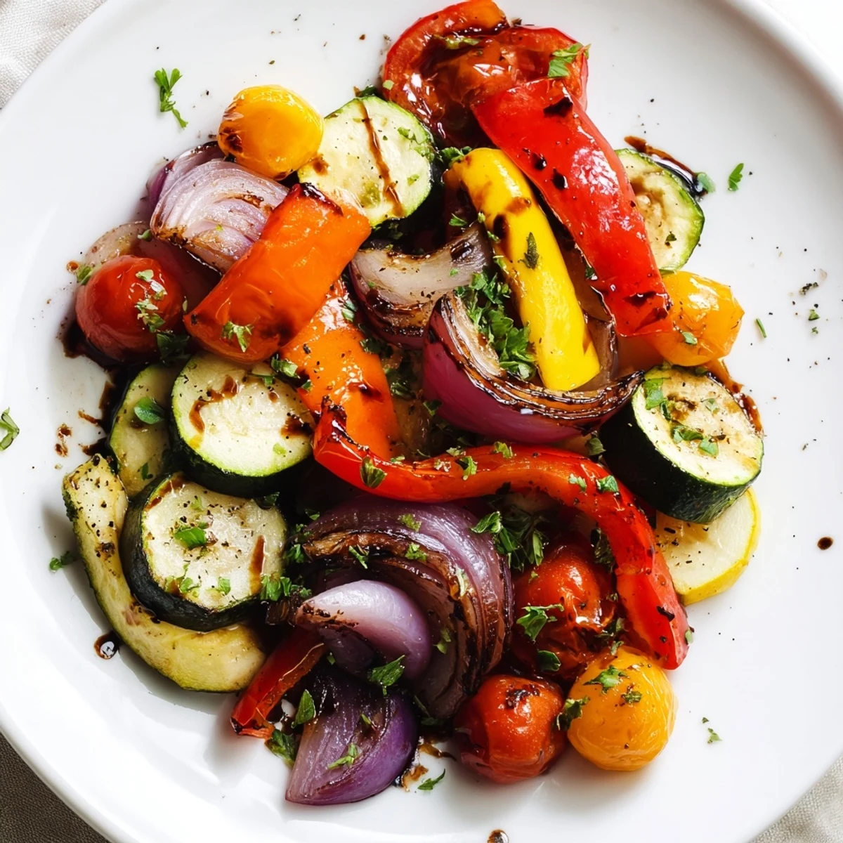 Colorful roasted vegetable mix with caramelized bell peppers, zucchini, and red onions glistening with olive oil on a baking sheet.