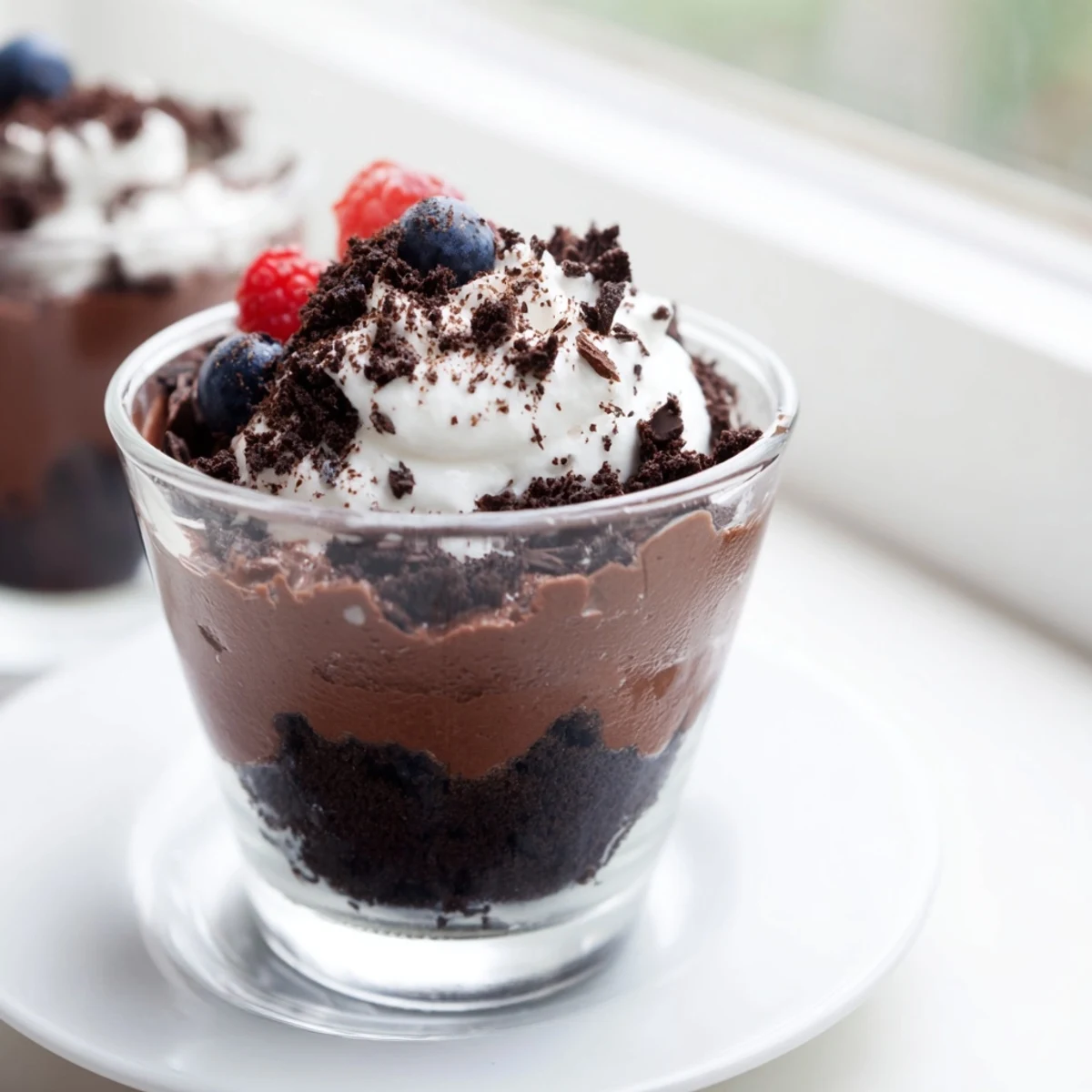 Four clear glass dessert cups of Chocolate Dessert Cup are filled with rich, dark chocolate mousse and a crunchy cookie base.