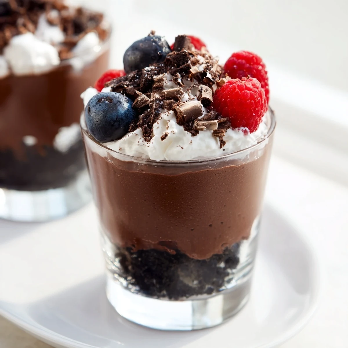 Close-up view of a Chocolate Dessert Cup garnished with whipped cream and chocolate shavings, making it a perfect single-serve treat.