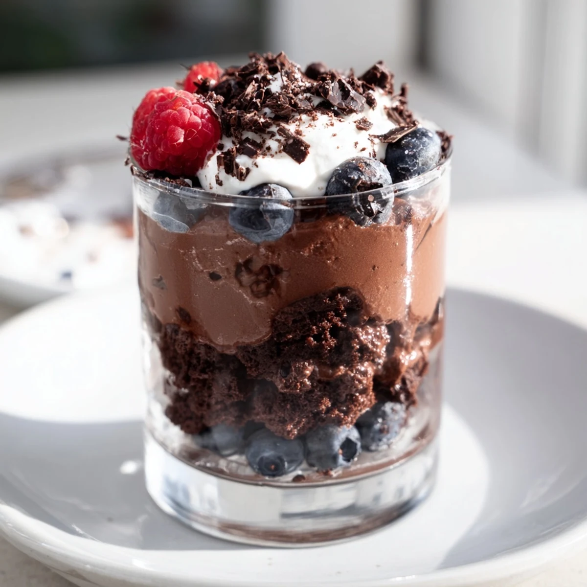 A spoon scoops into a Chocolate Dessert Cup, revealing the airy mousse, ready to be topped with fresh berries.
