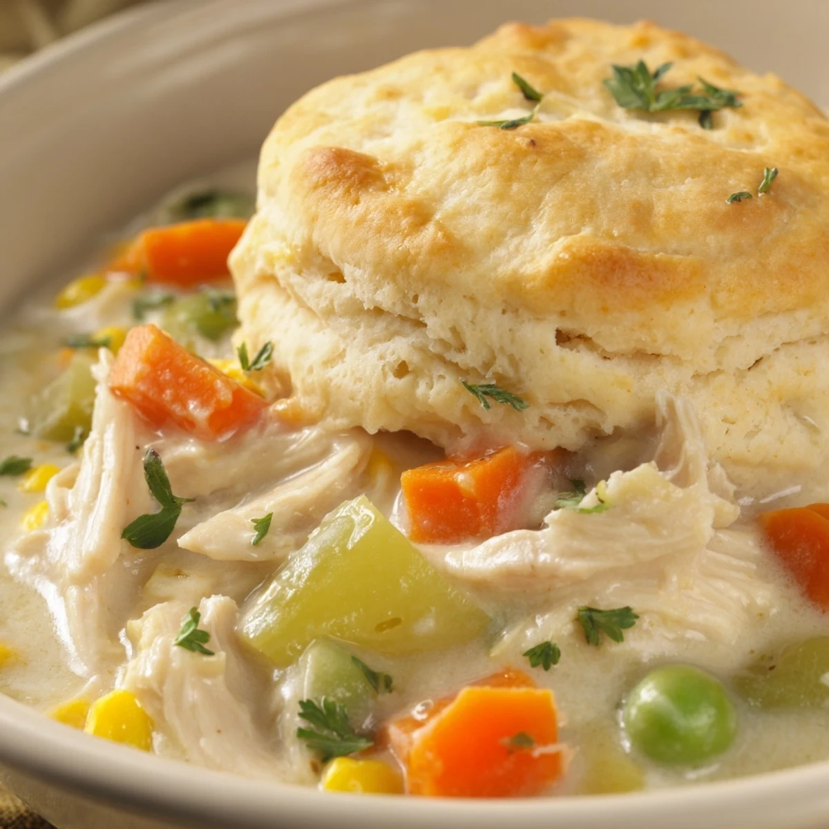 Creamy Chicken Pot Pie Soup with biscuit topping served steaming in a rustic bowl beside golden flaky biscuits and fresh parsley. 
