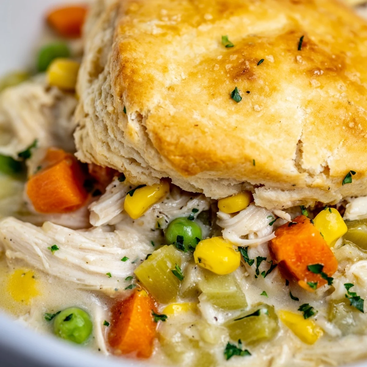 Ladle of rich Chicken Pot Pie Soup filled with tender chicken, carrots, peas, and corn, topped with fluffy baked biscuits. 