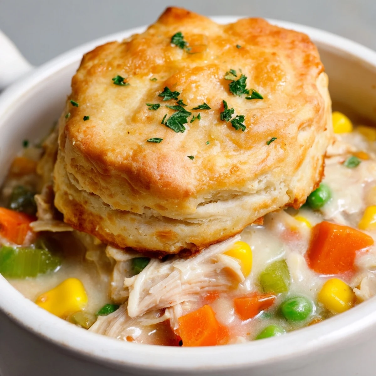 Golden biscuit-topped Chicken Pot Pie Soup in a Dutch oven, steam rising, paired with a green salad for a cozy meal.