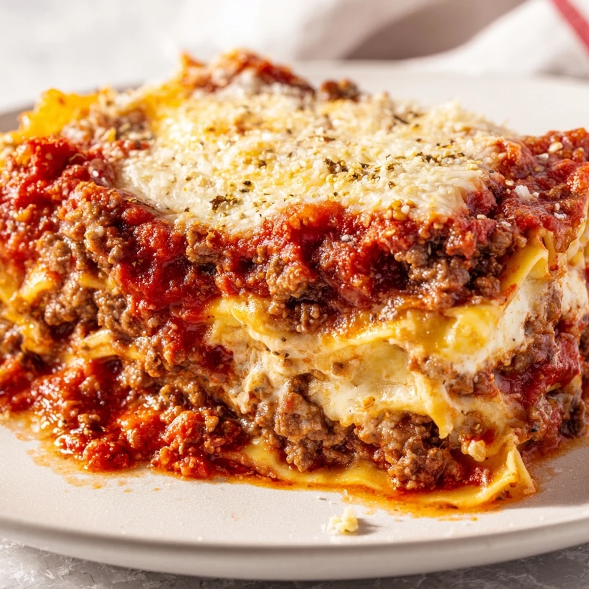 Golden bubbling mozzarella tops a slice of Classic Beef Lasagna layered with rich marinara, creamy ricotta, and beef.
