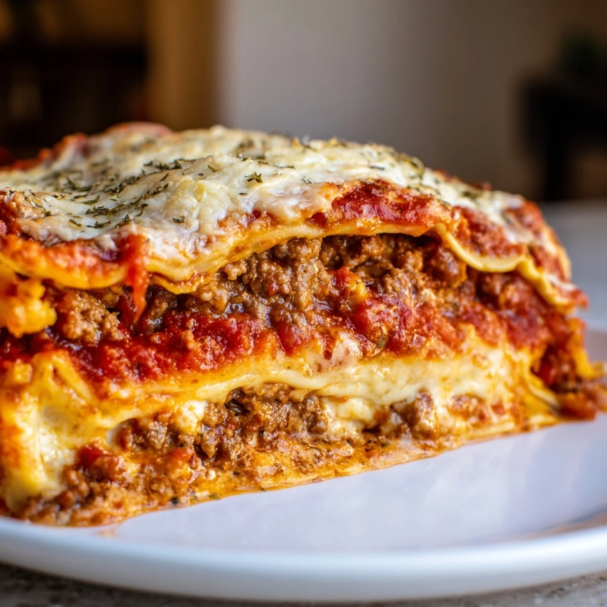 Close-up of Classic Beef Lasagna revealing tender pasta sheets, hearty beef ragù, and a golden baked cheese crust.