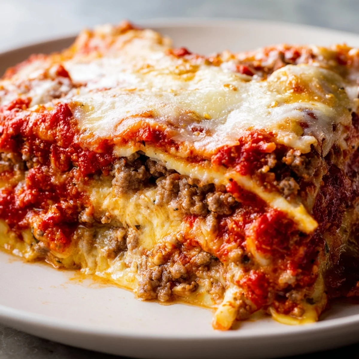 Classic Beef Lasagna rests on a white plate, garnished with fresh parsley and ready for a family dinner.