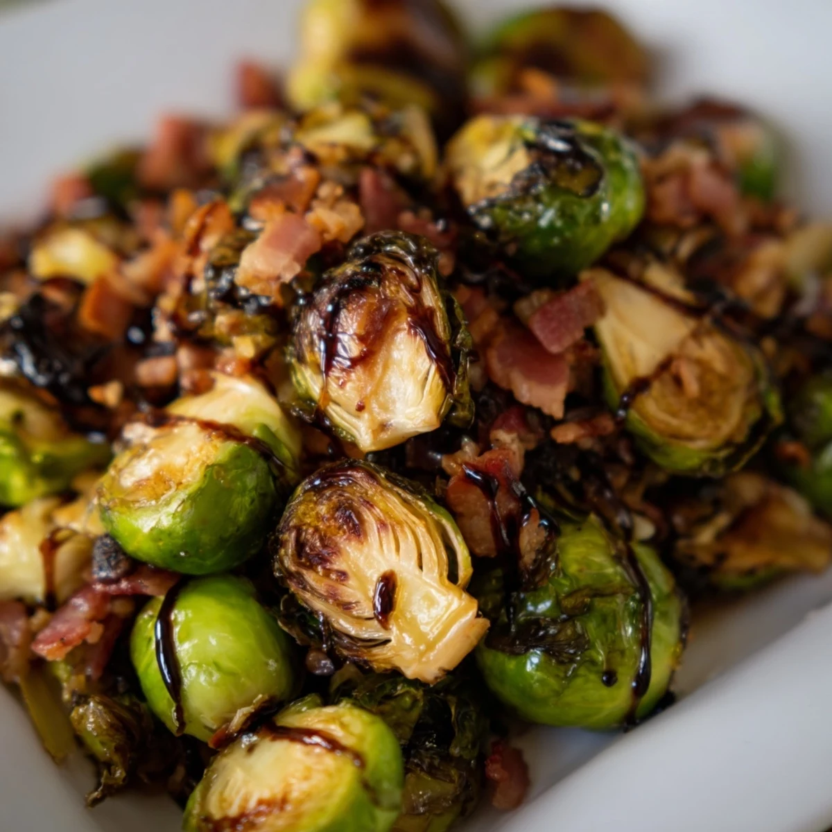 Golden-brown roasted Brussels sprouts with crispy turkey bacon, drizzled with balsamic glaze on a rustic platter.